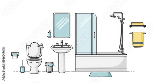Bathroom Interior with Toilet, Sink, Shower, and Accessories Illustration.