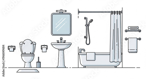 Bathroom Interior Design with Toilet, Sink, Shower, and Mirror.