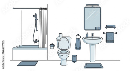 Bathroom Interior Illustration - Shower, Toilet, Sink, and Accessories.