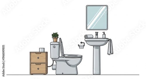 Bathroom Interior with Toilet, Sink, Mirror, and Cabinet Illustration.