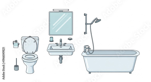 Bathroom Fixtures - Toilet, Sink, Mirror, and Bathtub Illustration.