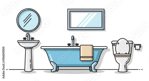 Bathroom Interior with Bathtub, Sink, Toilet, and Mirrors Illustration.