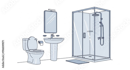 Bathroom Interior Illustration - Toilet, Sink, Mirror, and Shower Stall.