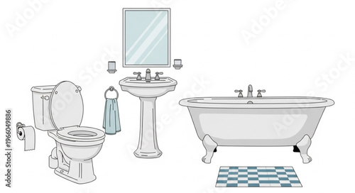 Bathroom Fixtures Illustration - Toilet, Sink, Mirror, and Bathtub Set.