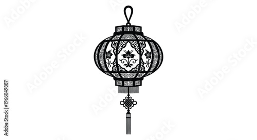 An intricately detailed hanging lantern design showcases ornate patterns and a decorative tassel presented as a silhouette high quality professional detailed