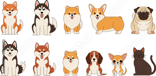 Dog Breed Character Set Featuring Husky, Shiba Inu, Corgi, Pug, Beagle, Chihuahua, and Cat for Pet-Themed Illustrations and Designs