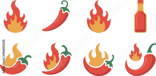 Flat vector collection of eight red chili pepper and hot sauce symbols with flame accents simple clean cooking and spice icons