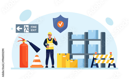 OSHA compliance. Workplace safety inspection. Meticulous review of industrial storage. Occupational caution regulations and health inspection. Government service protecting safety at job. Flat design