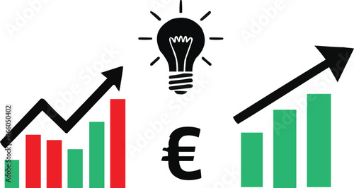 Illumination of Financial Growth: A conceptual representation of financial growth with rising bar graphs, euro symbol, and a lightbulb symbol that symbolizes innovation and ideas.