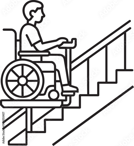 Wheelchair user climbing stairs using mechanical stair lift elevator for accessibility and mobility aid vector line icon