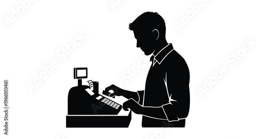 A man is depicted working at a vintage cash register highlighted as a striking black silhouette high quality professional detailed modern