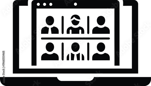 Laptop displaying a video call with five participants in grid layout isolated on white background, Vector