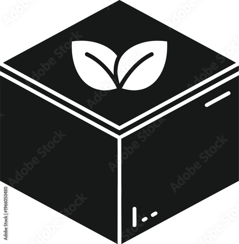 Minimalist black box with a white leaf symbol and small dots on the sides isolated on white background, Vector