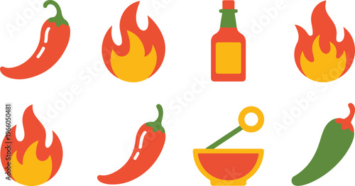 Flat vector collection of eight red chili pepper and hot sauce symbols with flame accents simple clean cooking and spice icons