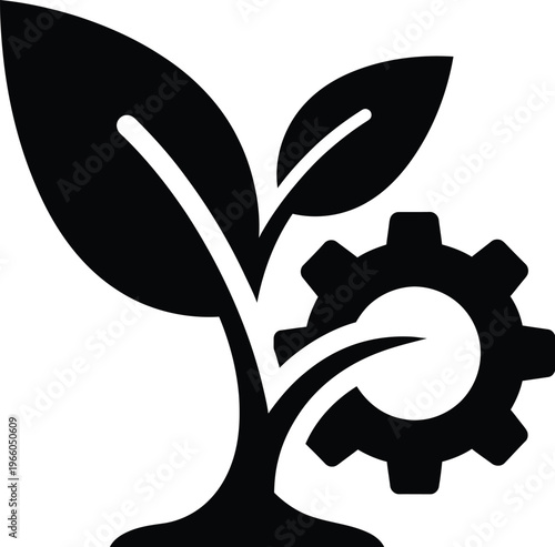 Integration of technology and nature symbolized by a plant and gears isolated on white background, Vector