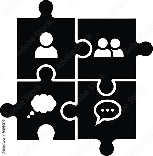 Four interconnected puzzle pieces symbolizing communication and collaboration between individuals isolated on white background, Vector