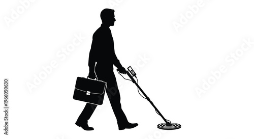 A businessman walks with a metal detector and briefcase creating a striking black shape silhouette high quality professional detailed modern elegant