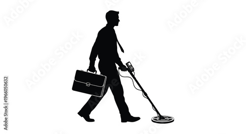 A businessman walks with a briefcase and metal detector presented as a striking black silhouette high quality professional detailed modern elegant