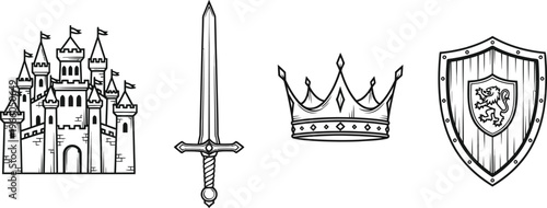Medieval fantasy symbols including castle, sword, crown, and shield Vector