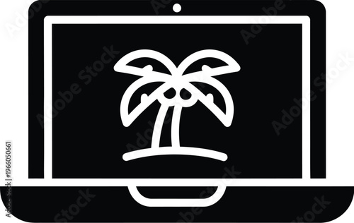 A laptop displaying a stylized illustration of two palm trees on its screen isolated on white background, Vector