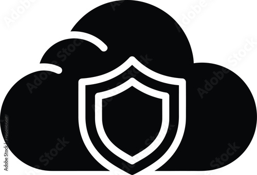 Secure cloud storage symbol with shield emblem inside cloud shape isolated on white background, Vector