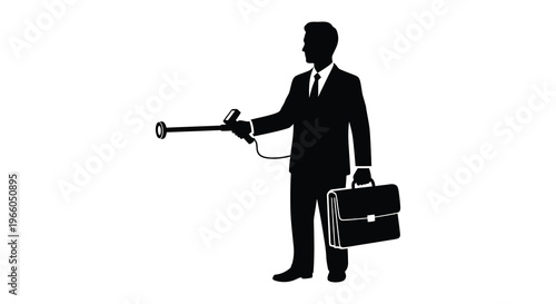 A businessman in a suit uses a metal detector holding a briefcase presented as a stark silhouette high quality professional detailed