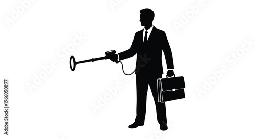 A suited man diligently uses a metal detector carrying a briefcase presented as a stark silhouette high quality professional detailed modern