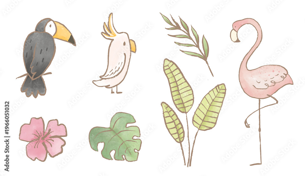 Fototapeta premium Beautiful stock illustrations set with cute toucan flamingo parrot birds with tropical leaves. Safari animal clip art. Isolated naive style drawing. Childish hand drawn painting.