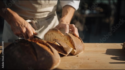 A baker slices fresh artisanal unleavened bread on a wooden board. Atmospheric lighting, crisp crust, and a natural food concept.
