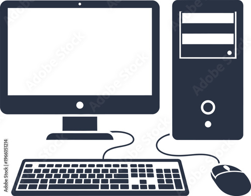 A minimalist black graphic illustration of a desktop personal computer setup on white background Vector