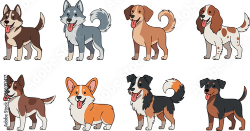 Dog Breed Character Set Featuring Siberian Husky, Beagle, Corgi, Rottweiler, and Other Dogs for Pet-Themed Illustrations