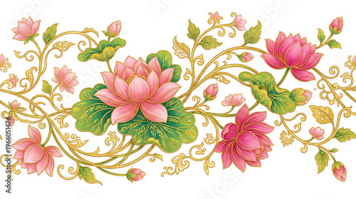 Pink lotus flowers with golden vines decorative pattern in traditional Chinese style