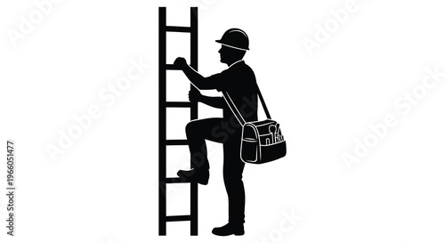 A construction worker is ascending a ladder carrying a tool bag depicted in a stark black silhouette high quality professional detailed