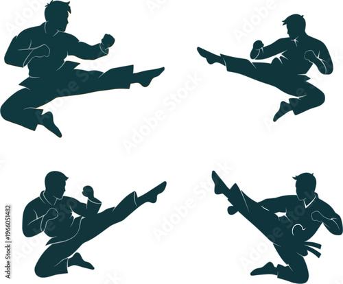 Martial arts karate fighter jumping kick silhouettes collection set, athletic men performing powerful flying side kicks in vector style
