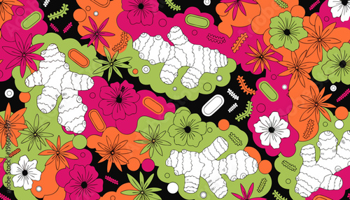 Vibrant floral pattern with pills and capsules on black background