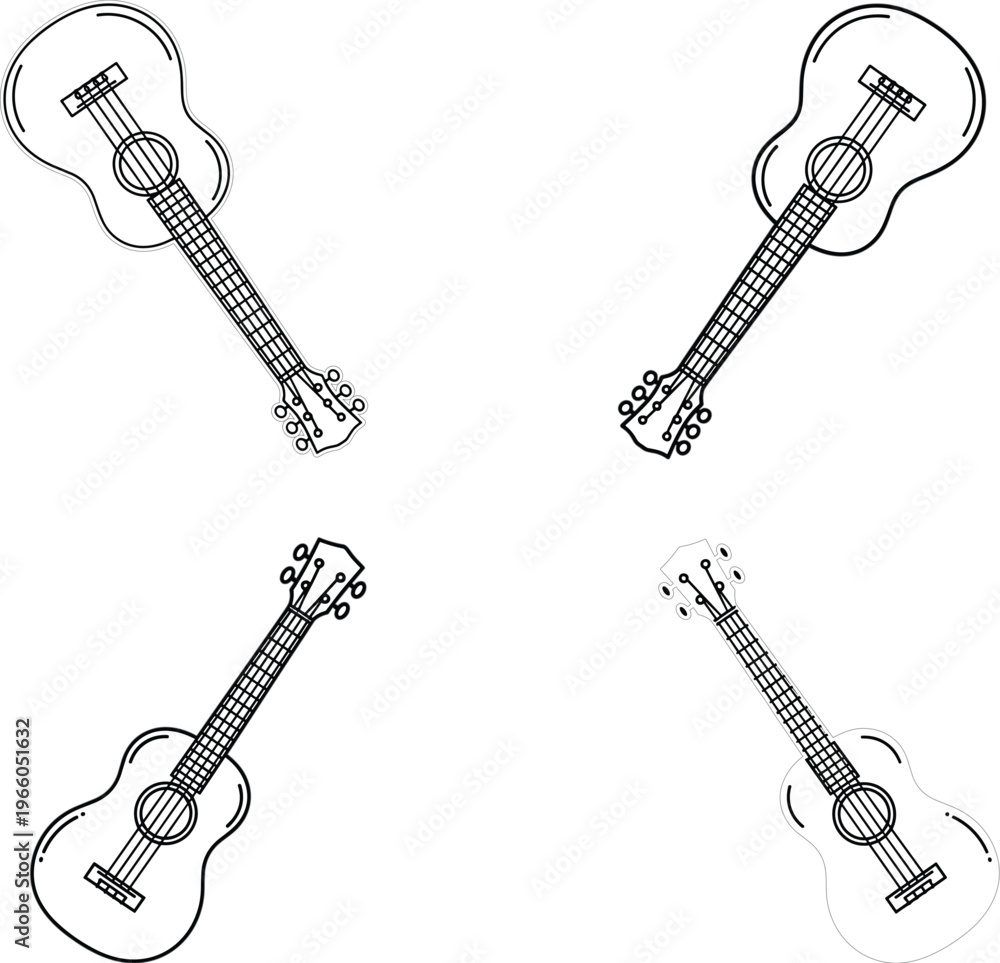 Fototapeta premium Ukulele musical instrument vector line art set, acoustic small guitar four-string hawaiian folk music equipment icons for design