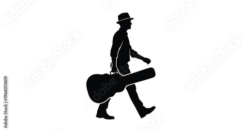 A man carrying a guitar case walks forward depicted in a striking black silhouette high quality professional detailed modern elegant stylish
