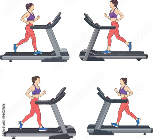 Young fit woman running on treadmill vector character set for gym workout cardio exercise and healthy fitness lifestyle