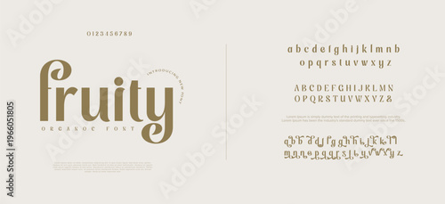 Fruity Elegant Fonts, Uppercase, Lowercase, and Numbers. Classic Letter Fashion Design Vector illustrations, beauty.
