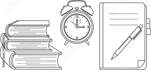 Classic study tools including books, an alarm clock, and a notebook with pen Vector