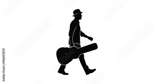 A musician walks with a guitar case depicted in a striking black silhouette high quality professional detailed modern elegant stylish clean