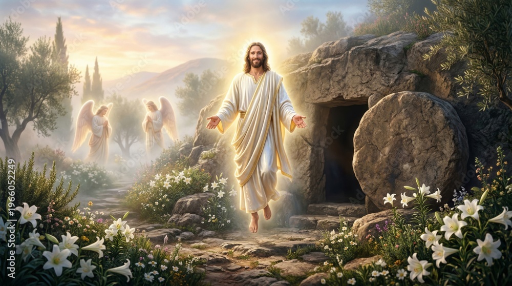 Naklejka premium Jesus Christ rising from tomb with angels. Resurrection of Savior on Easter Sunday morning. Symbolic scene of faith and hope in biblical garden landscape with white flower and light.