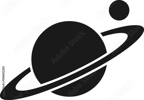 A minimalist black graphic icon of a planet with rings and a small moon against white background Vector