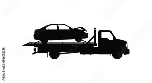 A black silhouette depicts a car being transported on a flatbed tow truck showcasing roadside assistance services silhouette high quality professional