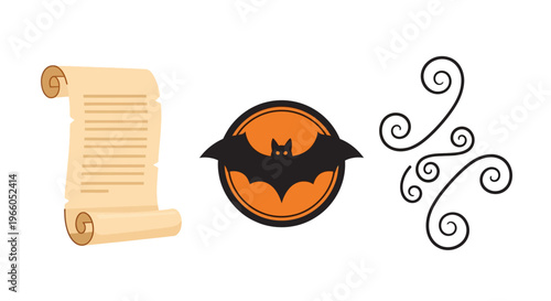Halloween scroll and bat with swirls in flat style design