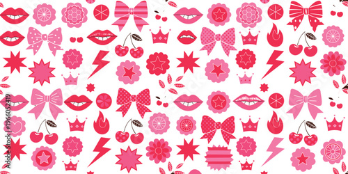 A vibrant seamless pattern featuring an array of pink icons like bows lips cherries and stars