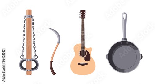 Realistic objects: guitar nunchaku sickle frying pan on white