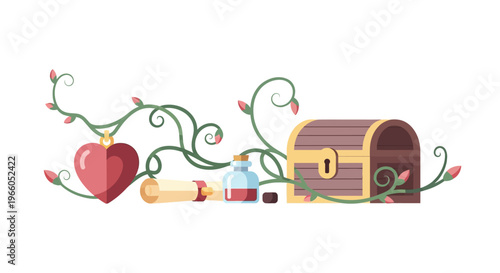 Whimsical fantasy elements with heart locket potion bottle and