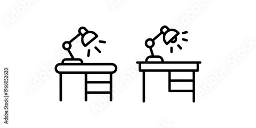 Desk lamp icon set with table furniture showing light illumination for study room or office workspace design projects and reading area concept graphics