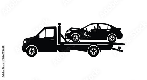 A black silhouette depicts a tow truck transporting a damaged vehicle showcasing roadside assistance services silhouette high quality professional detailed modern